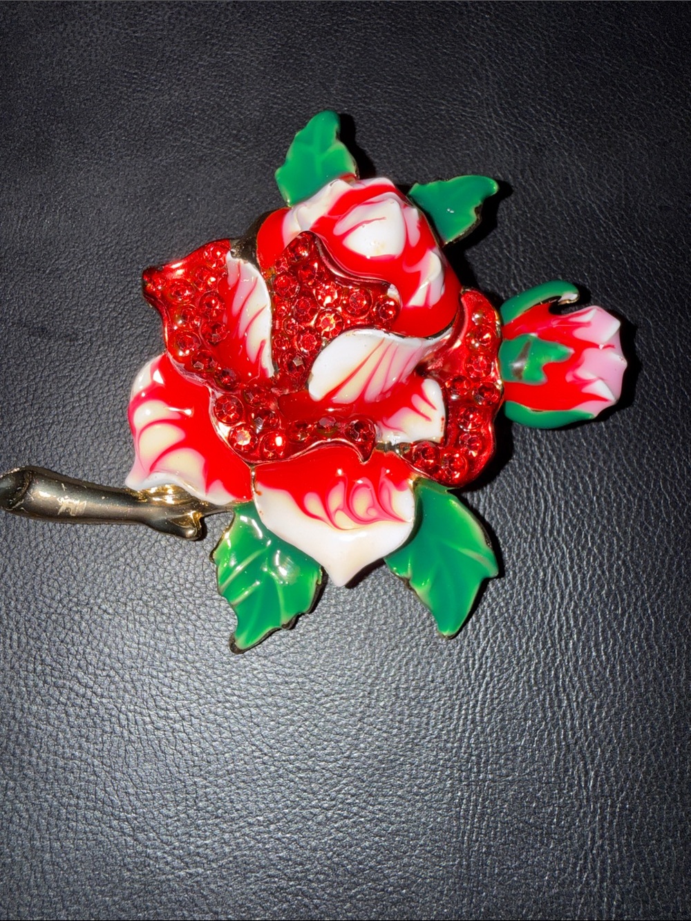 Red and White Floral Brooch with Green Leaves - Women's Accessory